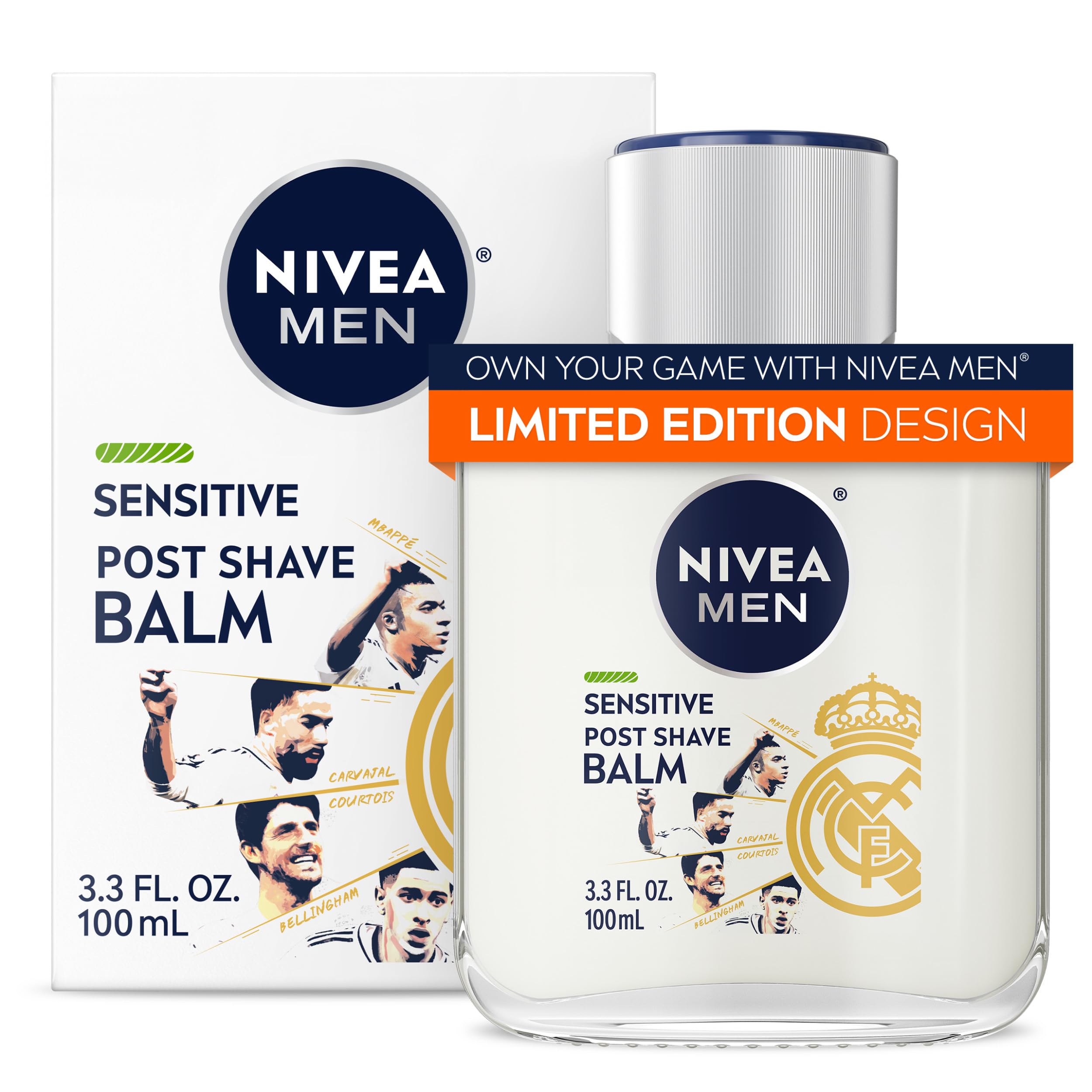 NIVEA MEN Baume Après-Rasage Peaux Sensibles Design Édition Limitée Real Madrid, au complexe VitaminPro, Baume Après-Rasage sans alcool pour homme, flacon de 100 ml