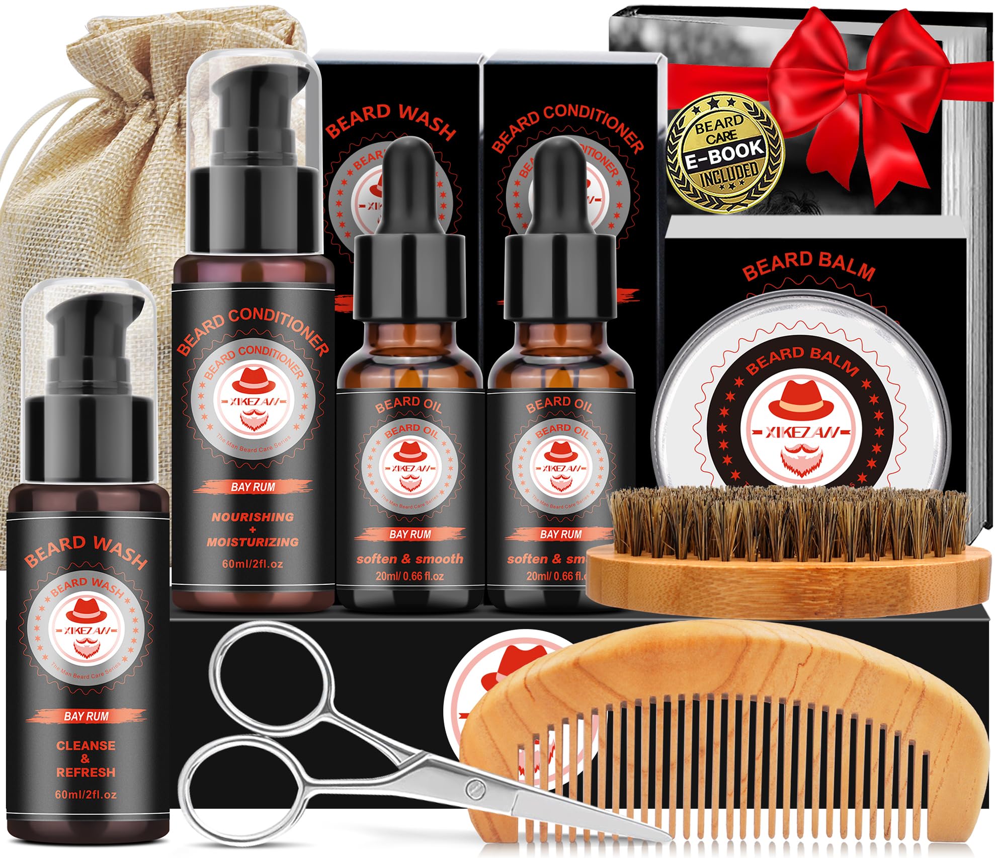 XIKEZAN Kit de toilettage et d'entretien pour barbe avec revitalisant, shampoing, huile, baume, brosse, peigne, cadeaux d'anniversaire pour la fête des pères, la Saint-Valentin pour homme, papa, mari, petit ami