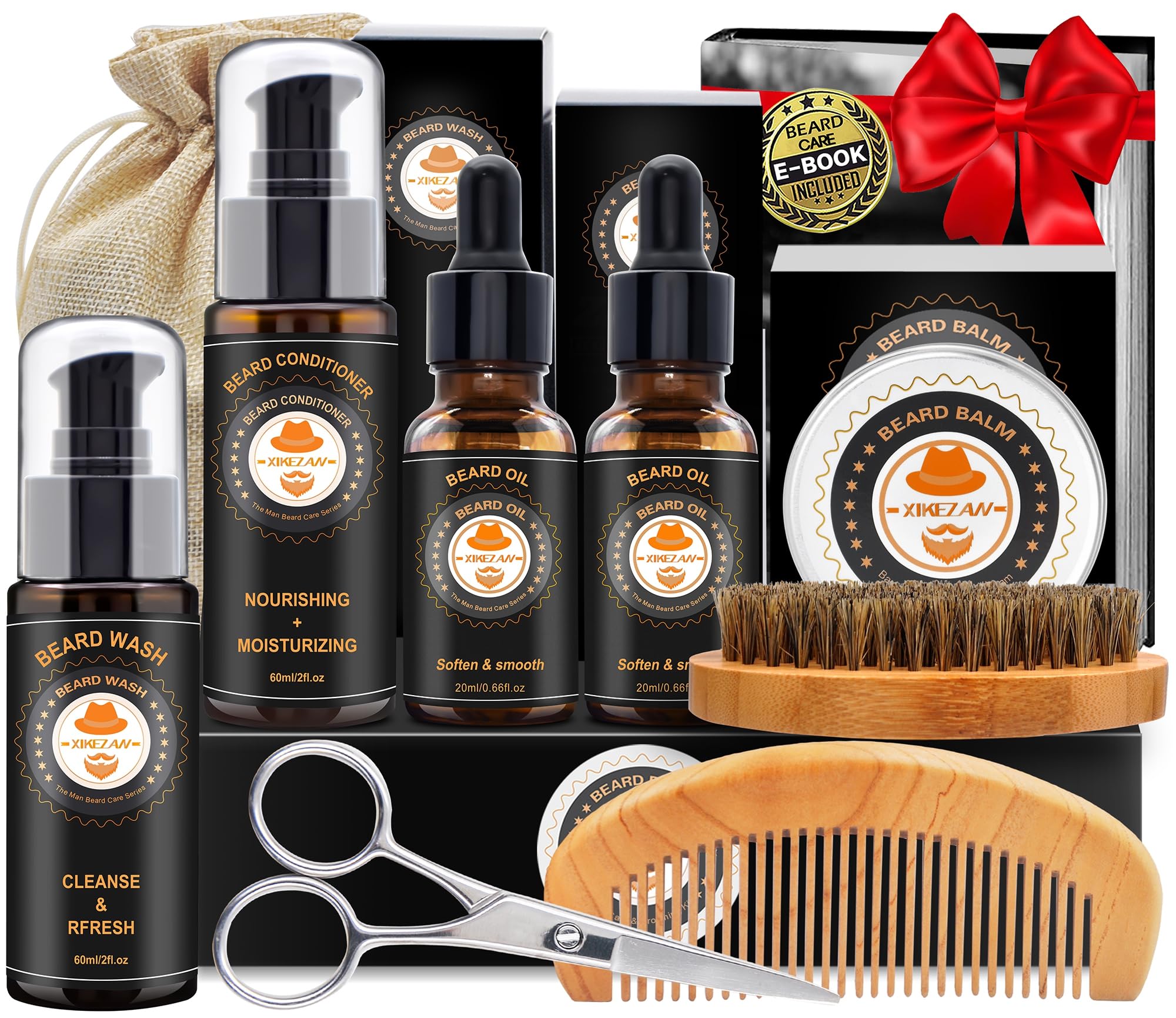 XIKEZAN Kit de toilettage et d'entretien pour barbe avec revitalisant, shampoing, huile, baume, brosse, peigne, cadeaux d'anniversaire pour la fête des pères, la Saint-Valentin pour homme, papa, mari, petit ami