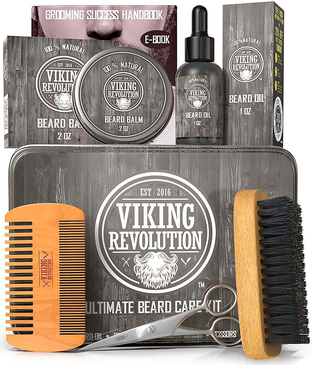 Kit de croissance de barbe - Huile, Baume, Sérum, Rouleau de Derma et Peigne en Bois pour la Croissance de la Barbe et de la Moustache