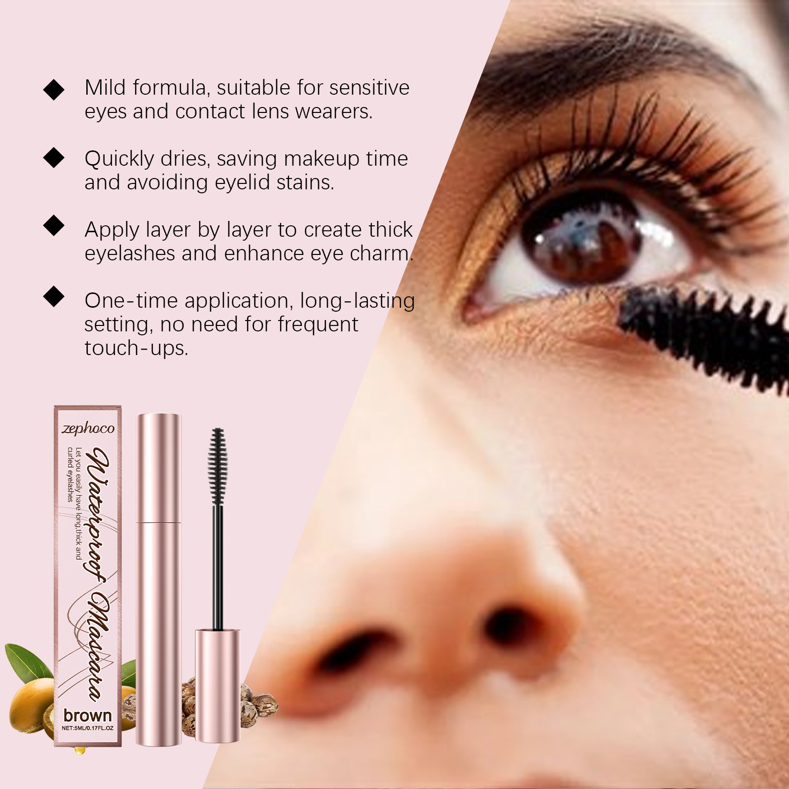 Mascara recourbant marron Zephoco, Mascara hydratant quotidien pour des yeux naturellement beaux et une tenue longue durée
