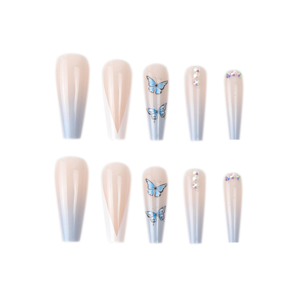 Ongles en filet rouge avec le même papillon bleu, perceuse à pointe, style français en forme de V, tendance de personnalité, patch d'ongle de manucure.