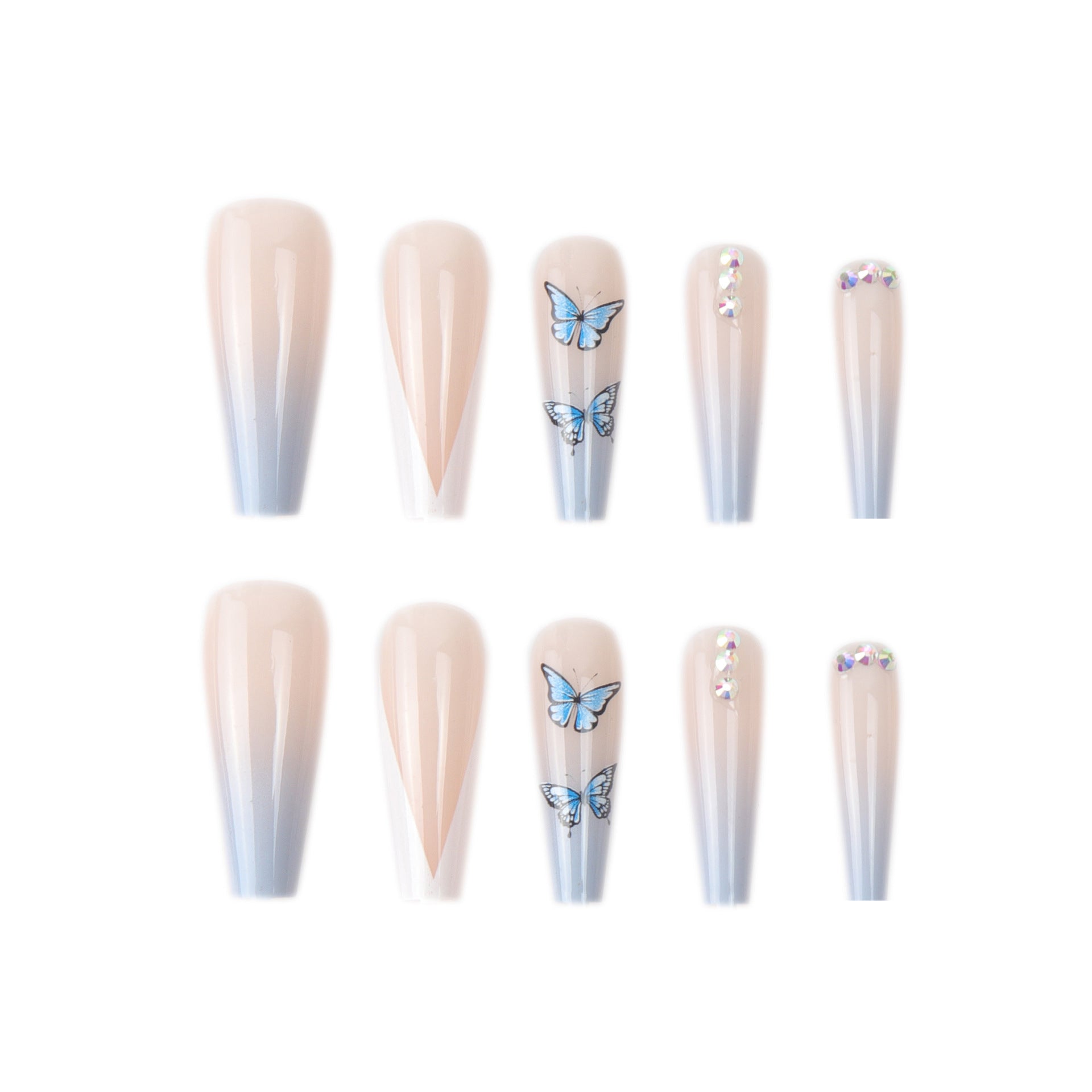 Ongles en filet rouge avec le même papillon bleu, perceuse à pointe, style français en forme de V, tendance de personnalité, patch d'ongle de manucure.