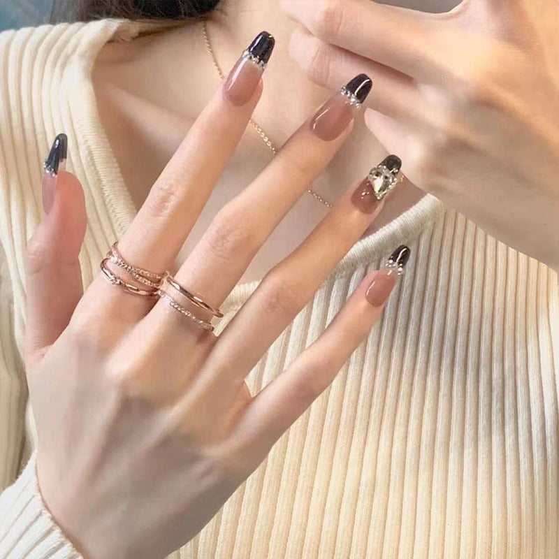 Faux ongles noirs français longue tenue avec strass et chaînes d'amour, amovibles, autocollants pour manucure