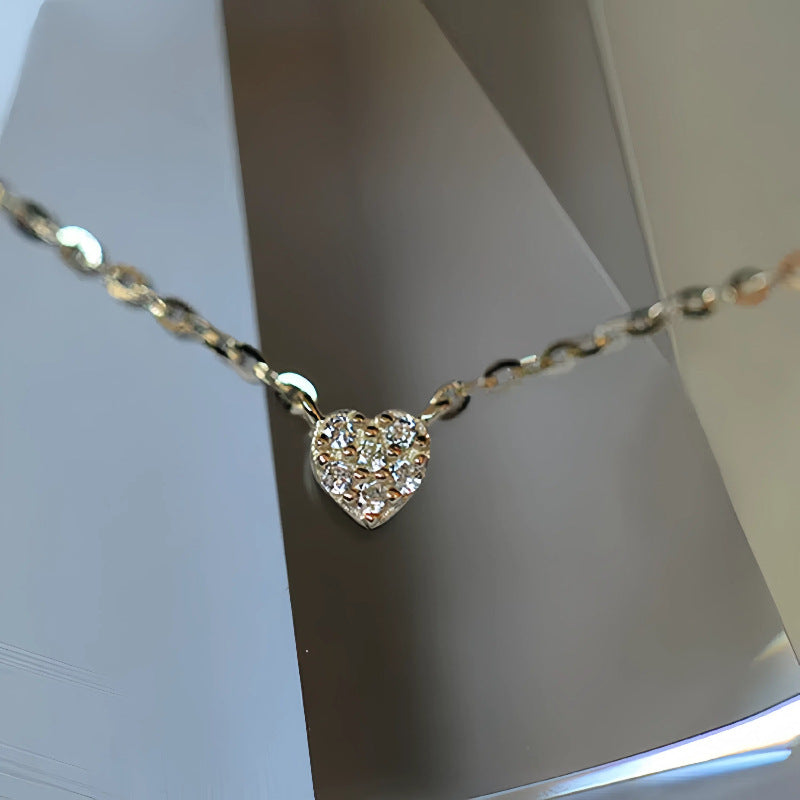 Collier en argent pur S925 plaqué or 14 carats, mini cœur, avec diamants, chaîne fine pour la clavicule.
