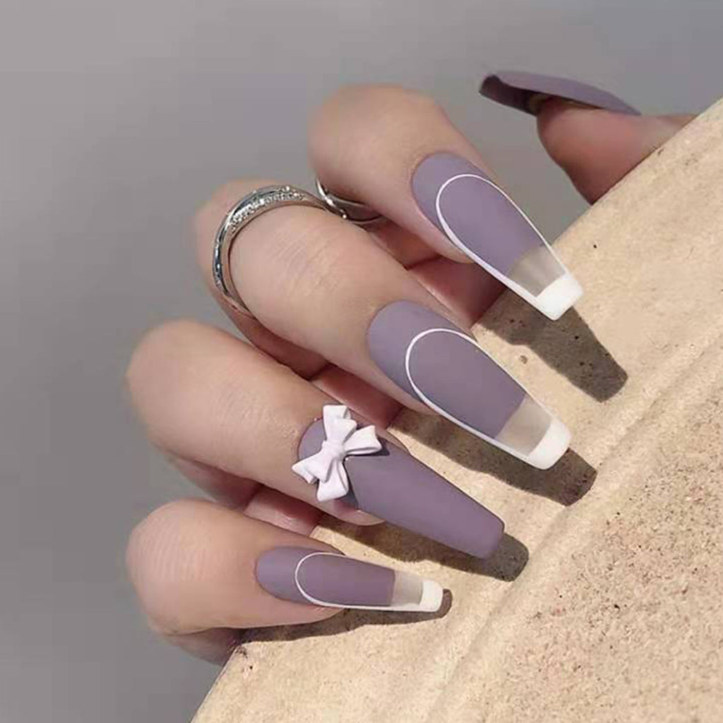 Ongles artificiels amovibles pour manucure française violette en rotin, prêt-à-porter, faux ongles, patchs d'ongles