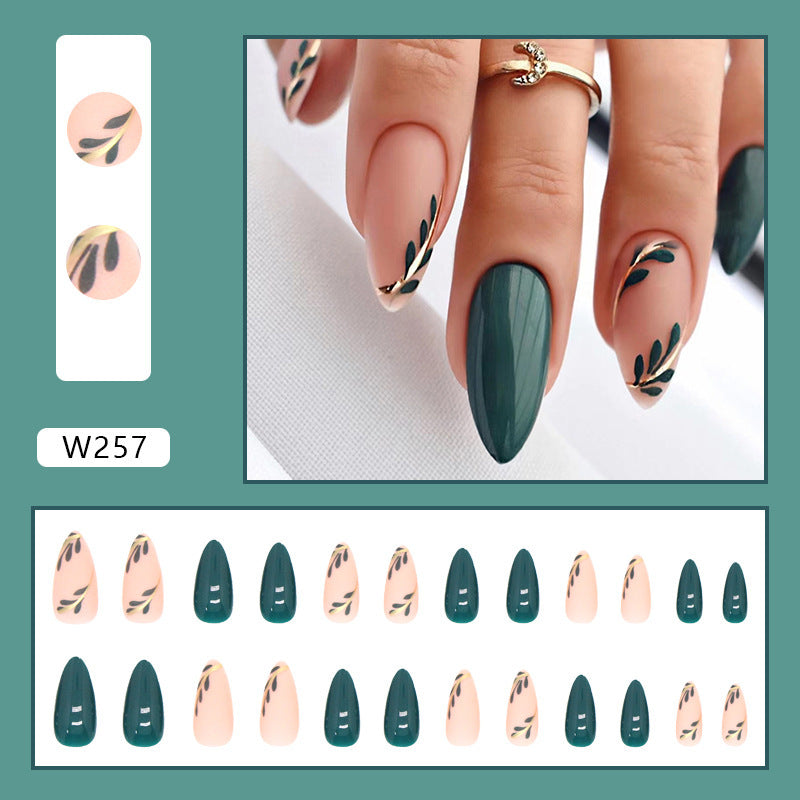 Faux ongles en amande avec motif feuilles vertes Ongles acryliques elliptiques portables Faux ongles à presser Manucure