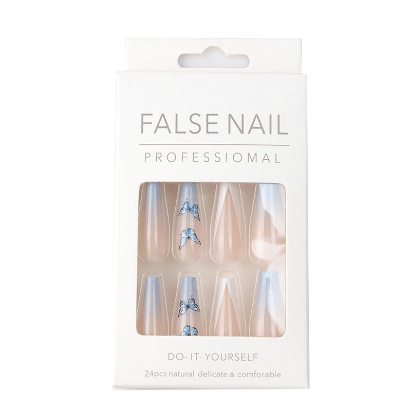 Ongles en filet rouge avec le même papillon bleu, perceuse à pointe, style français en forme de V, tendance de personnalité, patch d'ongle de manucure.