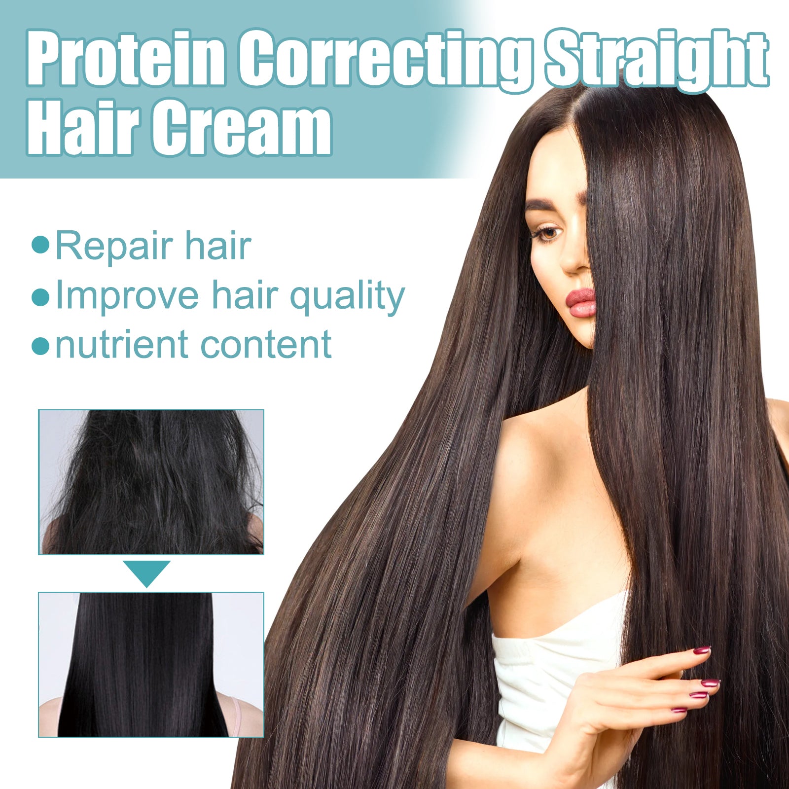 Crème lissante correctrice aux protéines pour cheveux, Traitement capillaire sans lissage qui répare les cheveux abîmés, Crème capillaire lissante