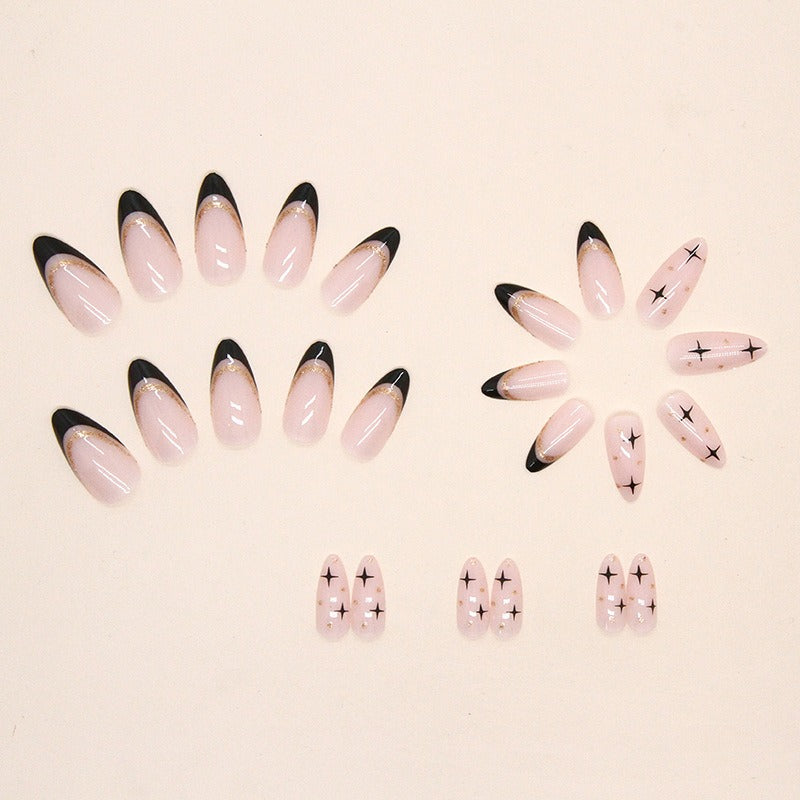 Ongles en amande noirs doux et tendance avec poudre dorée française, faux ongles européens et américains amovibles