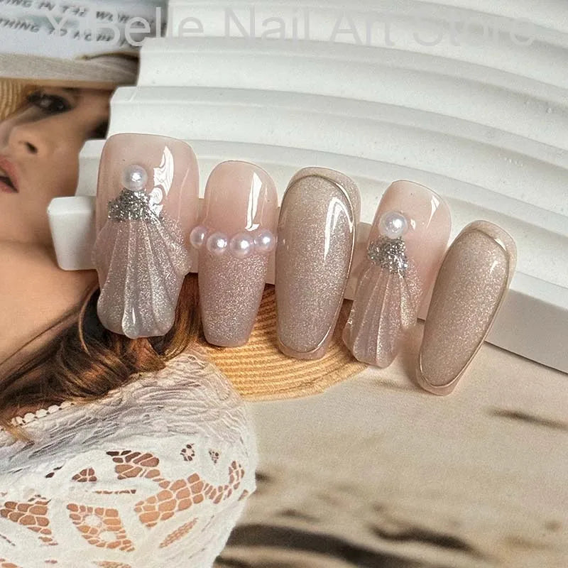 Faux Ongles Ballerine Faits Main en Coquillage à Pression, Professionnels, Réutilisables, avec Pointe à Ongles Brillante en Perle, pour l'Art des Ongles