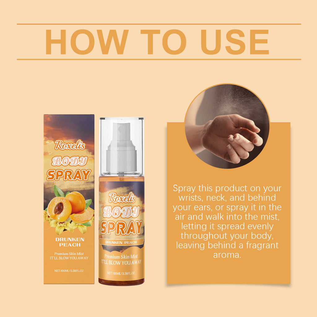 Spray Corporel Roxelis Pêche Champagne Parfum Frais Longue Durée Avec une Note Douce et un Parfum Léger Multicouche
