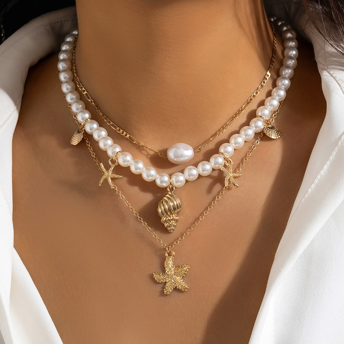 Collier de perles, collier de perles d'imitation de plage, coquillage étoile de mer, collier de vacances rétro