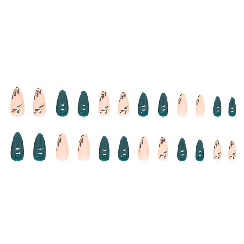 Faux ongles en amande avec motif feuilles vertes Ongles acryliques elliptiques portables Faux ongles à presser Manucure