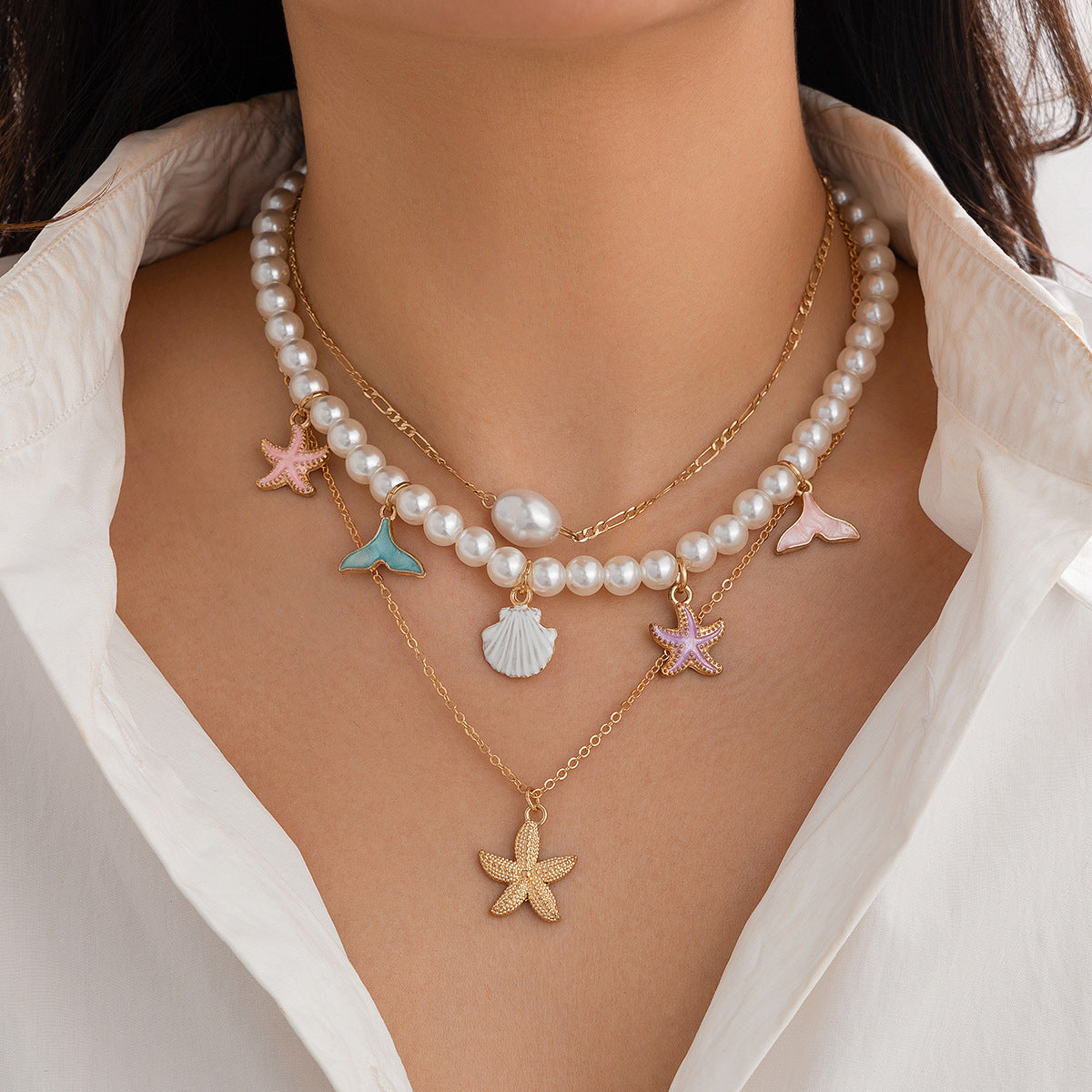 Collier rétro perlé style océan en coquillage, collier de perles d'imitation baroque en pierre concassée