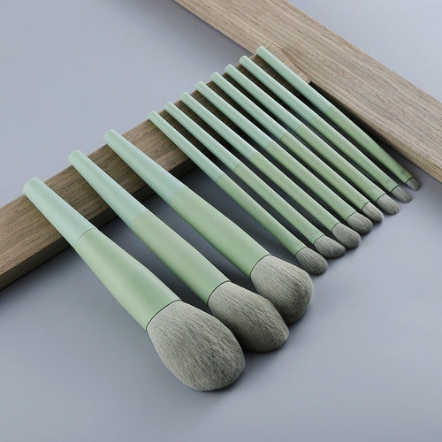 11 pinceaux de maquillage verts en poils naturels – Pinceaux à fond de teint, poudre, fard à paupières, sourcils – Outils cosmétiques