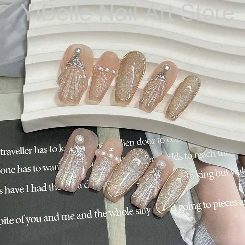 Faux Ongles Ballerine Faits Main en Coquillage à Pression, Professionnels, Réutilisables, avec Pointe à Ongles Brillante en Perle, pour l'Art des Ongles