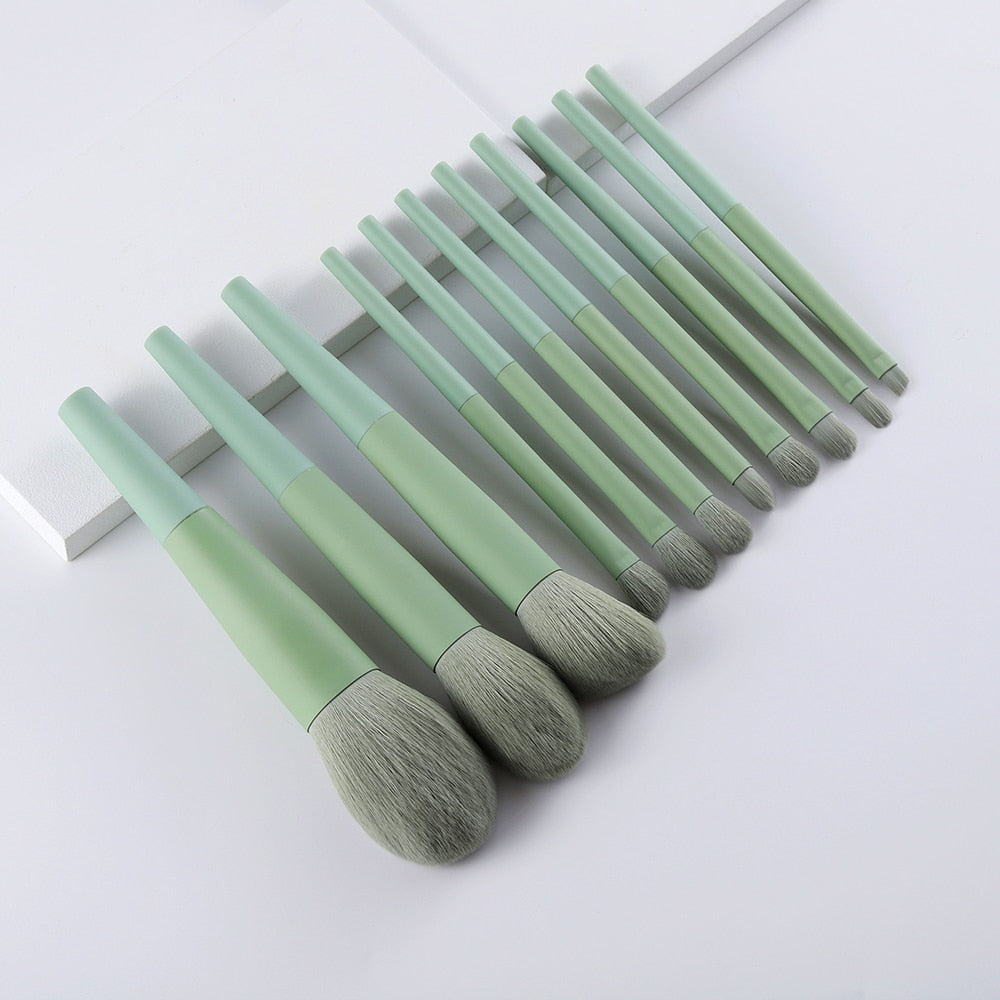 11 pinceaux de maquillage verts en poils naturels – Pinceaux à fond de teint, poudre, fard à paupières, sourcils – Outils cosmétiques