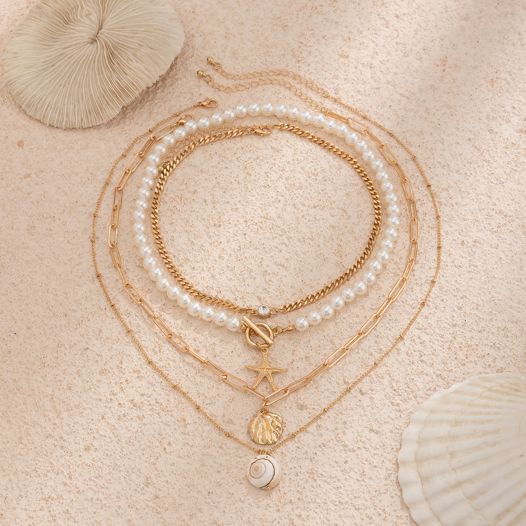 Collier de perles, collier de perles d'imitation de plage, coquillage étoile de mer, collier de vacances rétro