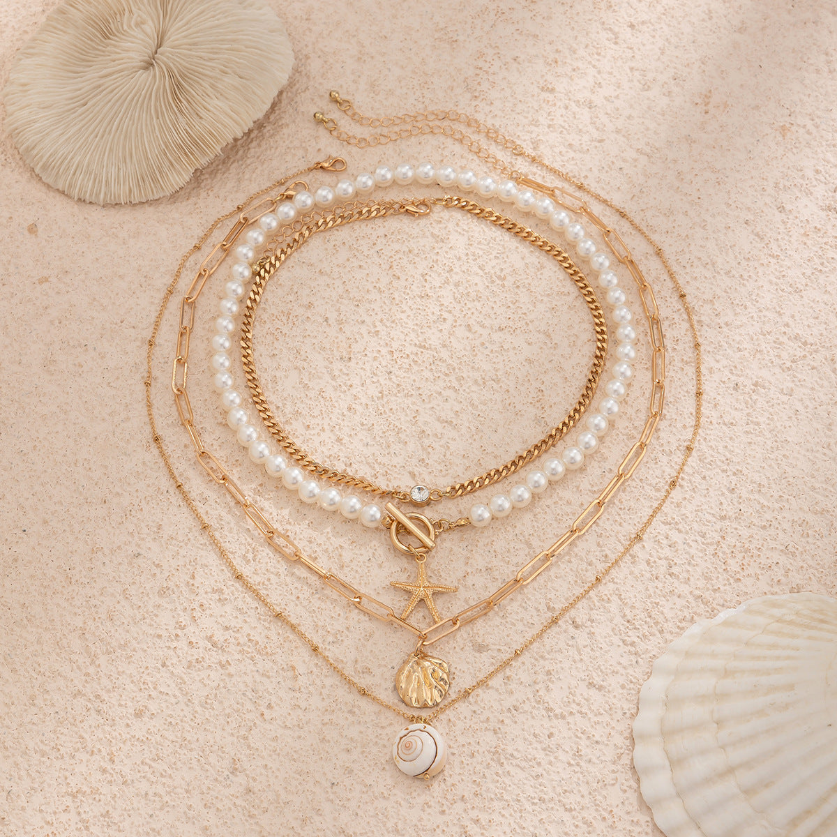 Collier de perles, collier de perles d'imitation de plage, coquillage étoile de mer, collier de vacances rétro