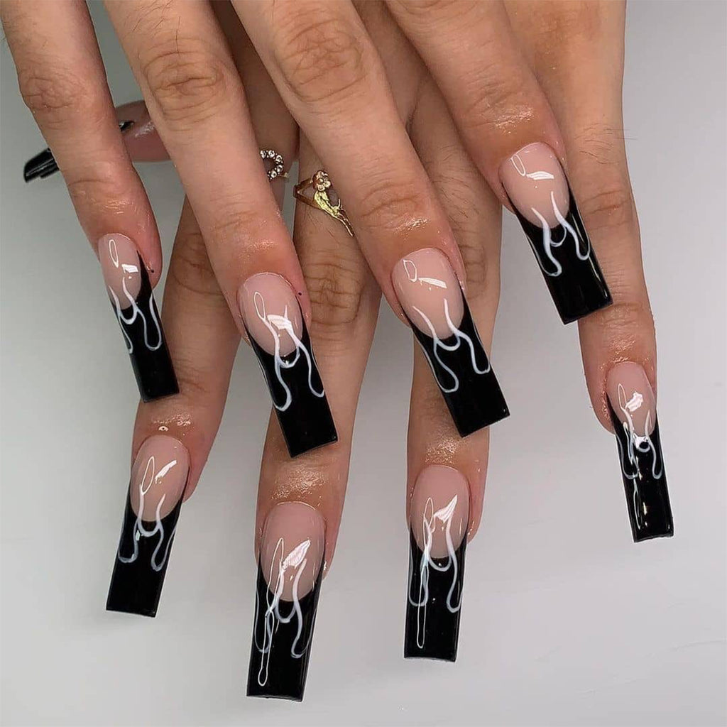 Faux ongles noirs flamme française, faux ongles finis, patch d'ongle, faux ongle