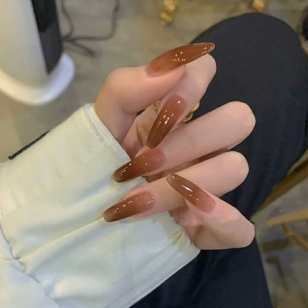 Faux ongles finis transparents couleur café glacé longs style ballerine, patchs d'ongles amovibles