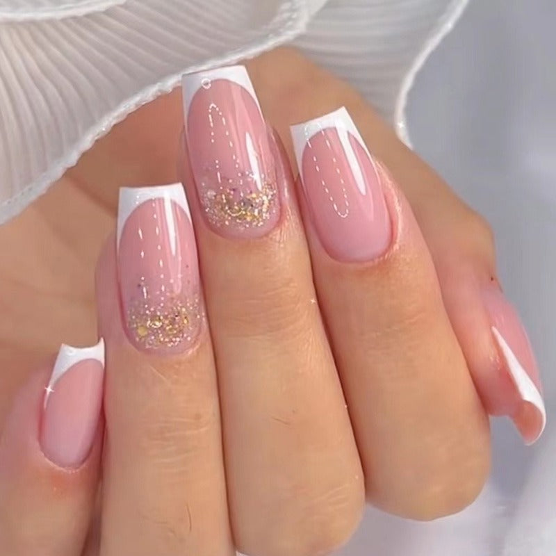 Ongles de manucure souples et doux pour fille, à paillettes françaises, faciles à porter