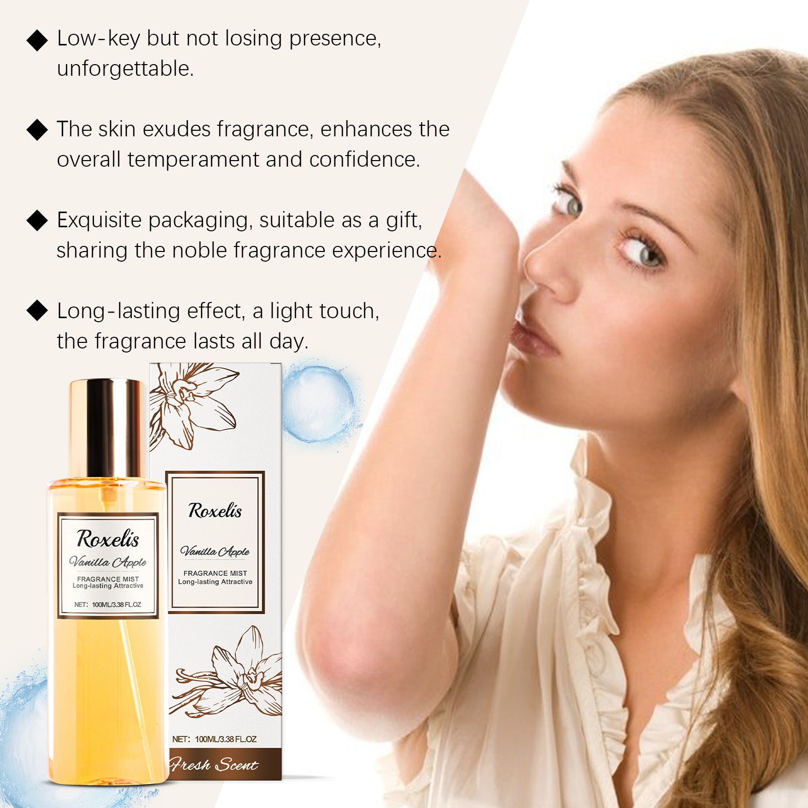 Roxelis Vanille Pomme Parfum Corps Romantique Niche Parfum Frais Corps Reste Parfum Léger Parfum Vaporisateur Corporel