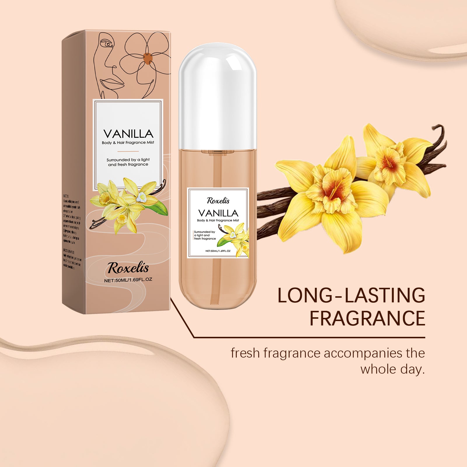 Roxelis Vaporisateur Corporel Vanille, Parfum Léger Naturel Frais Parfum Longue Durée Usage Quotidien Corps Cheveux